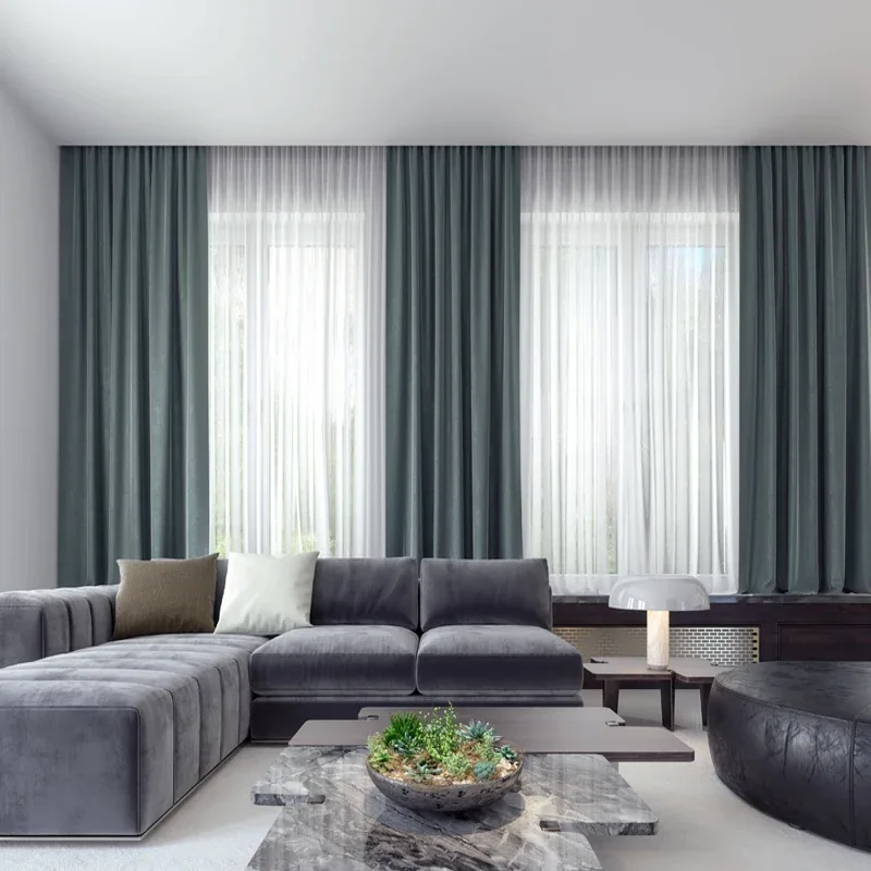 Automatic curtains in a cozy, well-lit space with a light gray sofa set