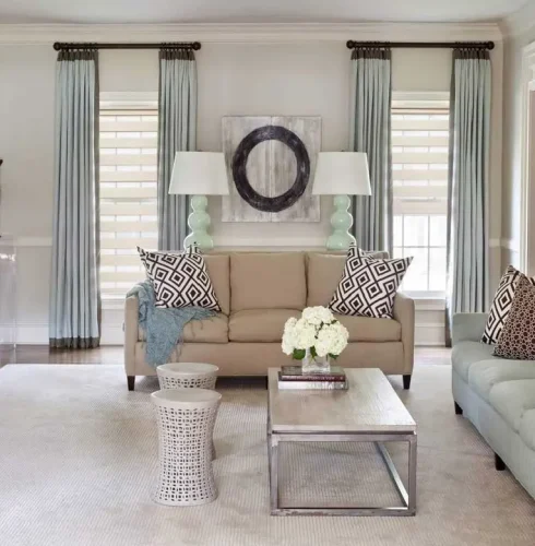 Beige linen curtains in Jumeirah villa living room Beige linen curtains in Jumeirah villa living room